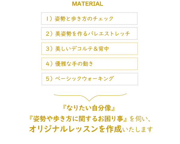 『なりたい自分像』『姿勢や歩き方に関するお困り事』を伺い、オリジナルレッスンを作成いたします。